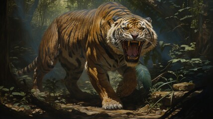 Wall Mural - Fierce Tiger Baring Sharp Teeth in a Powerful Display of Strength and Dominance - AI-Generative