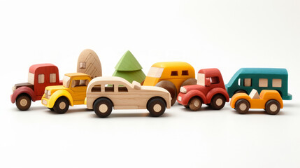 A very close-up view about a transportation collection of couple cute wooden toys with copy space, isolated on white background...