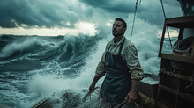 A Male Fisherman On A Fishing Boat During A Storm. Focused Bearded Brutal Male Fisher