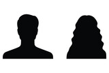 Fototapeta  - A vector illustration depicting male and female face silhouettes or icons, serving as avatars or profiles for unknown or anonymous individuals. The illustration portrays a man and a woman portrait.