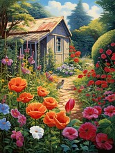 Classic Cottage Garden Art: Vintage Painting Of Vibrant Countryside Flora