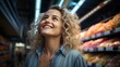 Happy young woman looking up in supermarket