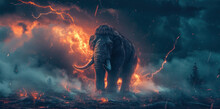 Mammoth In Prehistoric Wild Field With Lightning Bolt And Fire Flame In Forest.