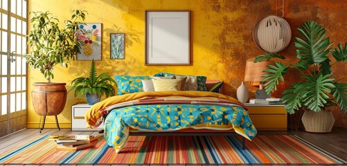 Wall Mural - Retro 1960s mod bedroom with a pop art bed, vintage culture art, and a blank mockup frame on a psychedelic wall