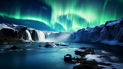 beautiful aurora borealis northern lights over godafoss waterfall