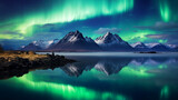 Fototapeta Londyn - amazing view with northern lights aurora borealis in iceland with mirror lake at night