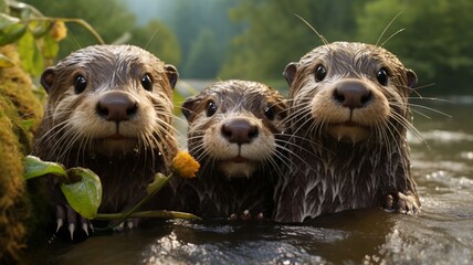 Sticker - Adorable Otter Family Playfully Interacting by the Water - AI-Generative