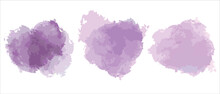 Set Of Abstract Purple Watercolor Water Splash On A White Background. Vector Watercolor Texture Color. Ink Paint Brush Stain. Purple Soft Light Blot. Watercolor Violet Splash