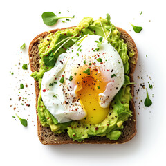 Sticker - A slice of avocado toast with a poached egg top view isolated on a white background 