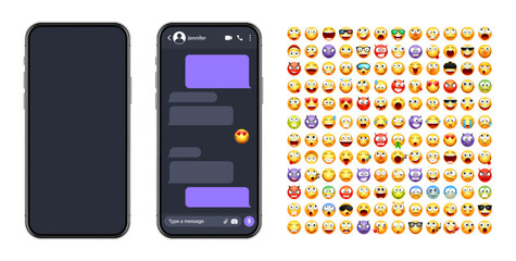 Wall Mural - Smartphone messaging app, user interface with emoji. SMS text frame. Chat screen, violet message bubbles. Texting app for communication. Social media application. Dark mode. Vector illustration