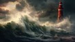 A lighthouse in the middle of a stormy sea. Generative AI.