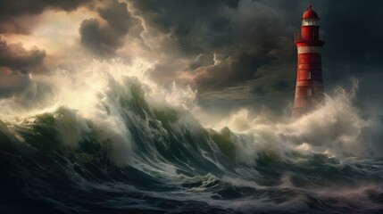 Wall Mural - a lighthouse in the middle of a stormy sea. generative ai.
