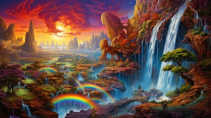 Wall Mural - A painting of a waterfall and rainbow in the sky. Generative AI.