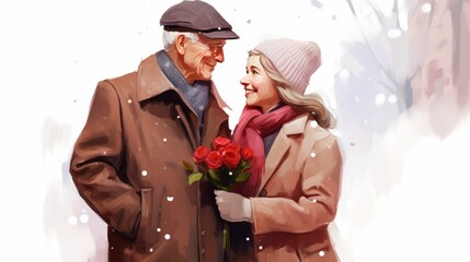Wall Mural - Portrait of an elderly couple looking at each other and laughing Wrapped in warm coats and hats , generated by AI. valentine love woman and man winter png like style