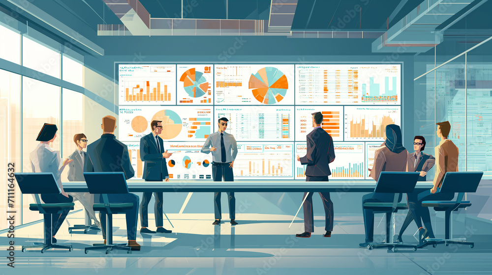 A corporate team attentively engages with a presentation on data ...
