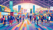 A vibrant illustration of a busy trade show event, with attendees walking through exhibits under a spacious, brightly colored venue.
