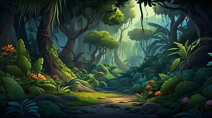  horizontal seamless background of landscape with deep jungle forest. Illustration for game