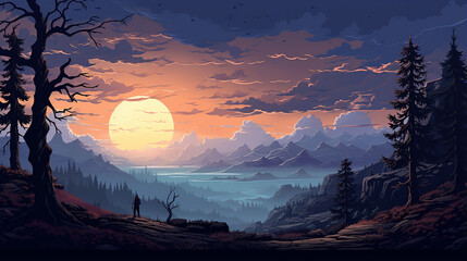 Sticker - pixel art game background with big moon at night