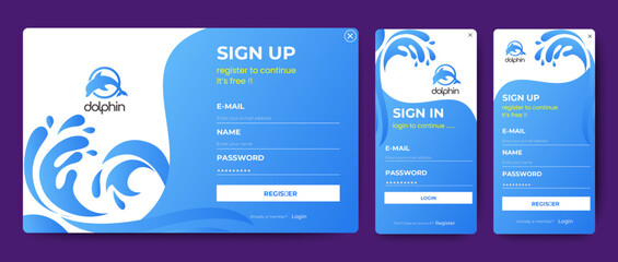 Wall Mural - set of sign up and sign in forms. blue gradient. mobile registration and login forms page. professio
