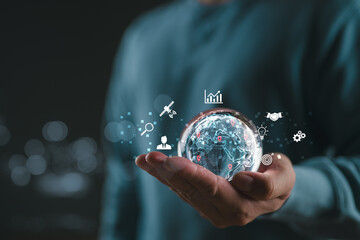 Poster - Businessman show globe on hand. Business global internet connection application technology and digital marketing, Financial and banking, Digital link tech, big data, fintech, finance technology.