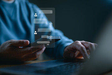 Poster - Chatbot Chat with AI, Artificial Intelligence. Man using technology smart robot AI, artificial intelligence by enter command prompt for generates something, Futuristic technology transformation.