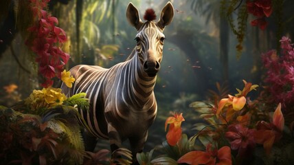 Wall Mural - Majestic Okapi Amidst Lush Tropical Foliage - AI-Generative