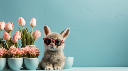 Adorable bunny rabbit in sunglasses sitting near potted flowers on blue background with copy space.