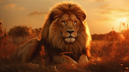 Sticker - Intense Gaze: Majestic Lion Basking in Golden Hour Light - AI-Generative