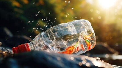 Macro shot of a plastic water bottle melting and releasing harmful chemicals into the environment.