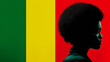 illustration of A black young man with big afro for the Black History Month on a red yellow and green pan african flag. Copy space for poster