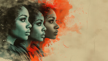 Wall Mural - Black History Month poster of Afro American women looking on with courage and pride for identity, diversity and minority rights. Symbolic of activism; the fight against racism and discrimination.