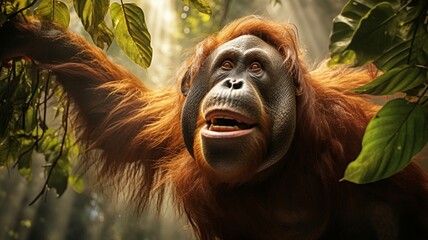 Wall Mural - Playful Orangutan Amidst Lush Tropical Foliage - AI-Generative