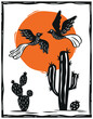 Landscape with scorching sun, couple of birds flying and many cacti in a desert. Cordel style woodcut vector