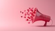 Megaphone, loudspeaker send message with red hearths on pink background banner