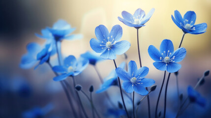 Wall Mural - Delicate blue hepatica flowers bloom against a blurred natural background, invoking a serene spring atmosphere.