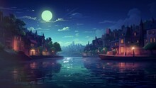 Animated Illustration Of A River In The Middle Of The City At Night, With Calm Water And Glowing Lights. Animated Background.