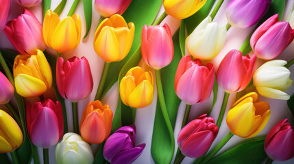 Wall Mural - A stunning arrangement of yellow and pink tulips on a dark background, creating a dramatic contrast.