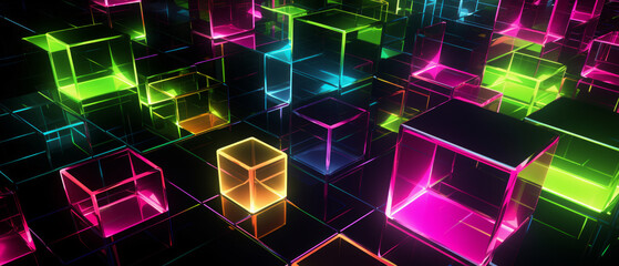 Wall Mural - Neon Glow Cubic Network