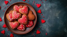 Heart Shaped Delicious Cookies In A Plate. Top View. Valentines Day Concept