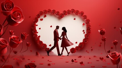 Card or banner on Valentine's Day in white on a red rose heart on a red background with a ribbon and two red roses. valentine love woman and man winter png like style