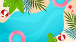 Colorful colourful summer vector background with beach illustrations for banners, cards, flyers, social media wallpapers, etc. Summer background with surf, leave, flower, beach, lifebuoy, monstera