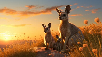 Wall Mural - Adorable Kangaroo Family Bonding in Lush Australian Outback Landscape - AI-Generative