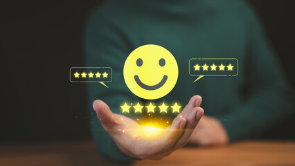 Poster - Best Excellent Services Rating. Customer show virtual screen on smile face icon with five stars. Business concept of testimonial customer service and feedback, good, the best of product and service.