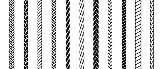 Repeating rope set. Seamless hemp cord line collection. Black chain, braid, plait stripe bundle. Vertical decorative plait pattern pack. Vector marine twine design elements for banner, poster, frame