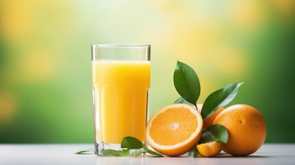 Wall Mural - Oranges with green leaves and glass of orange juice on table with blur background. generative AI