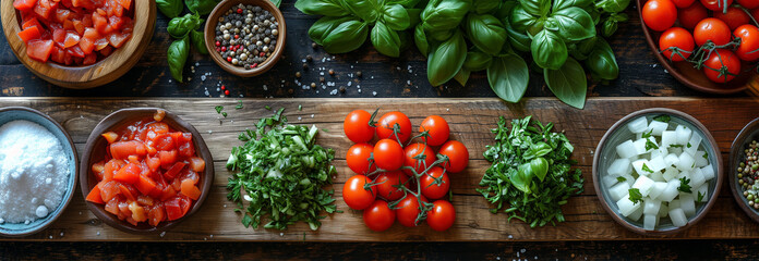 panoramic banner with fresh vegetables on table. healthy vegetarian cooking concept with tomatoes, h