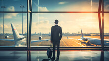 Back view of a Businessman in a suit and luggage standing in the airport near the window and looking through the window at the plane on the runway below. plane illustration. generative ai