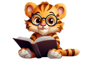 Cute cartoon tiger reading a book. Vector illustration isolated on white background.