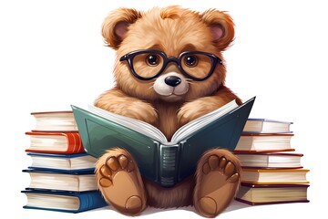 Cute teddy bear sitting on pile of books and reading a book