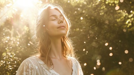 Wall Mural - woman self love and green spring nature , beautiful pragma